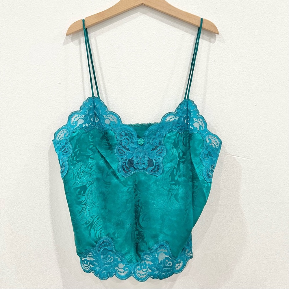 🛑 SOLD 🛑 Vintage 1980s Deena Teal Blue Lace Trim Spaghetti Strap Camisole